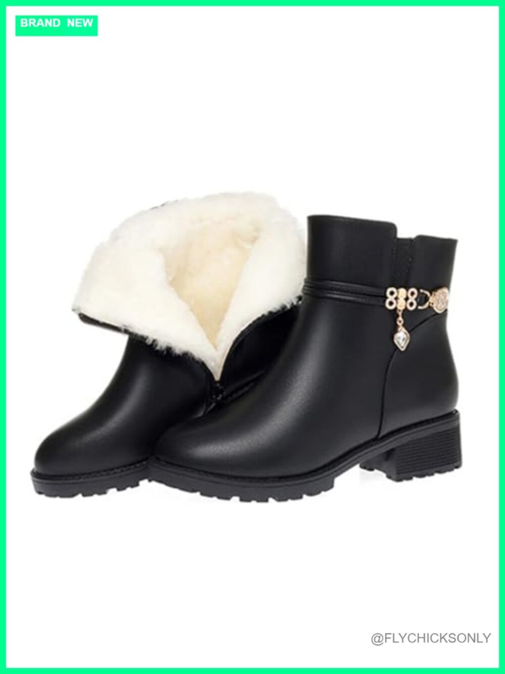 Women's Leather Low Block Heel Ankle Booties Rhinestone Fur Lined Platform Snow